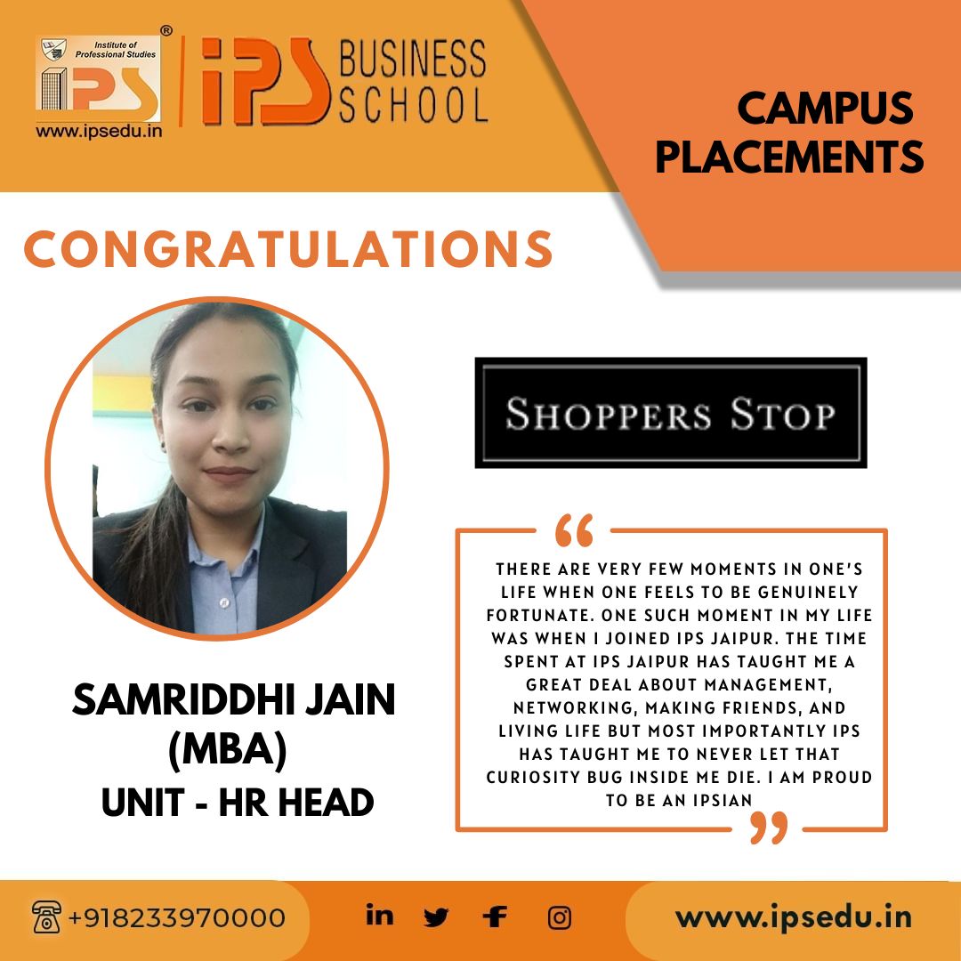 Campus Placement of Samriddhi Jain in Shoppers Stop